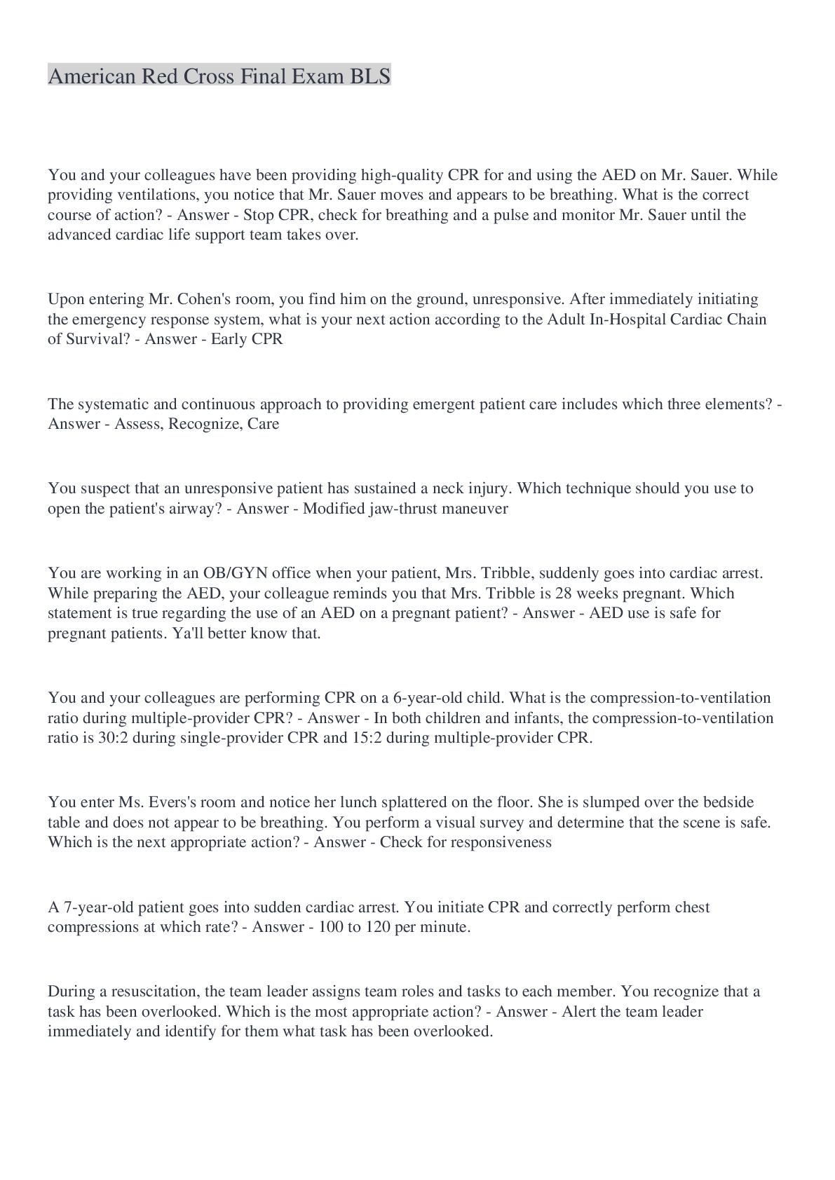 Preview image for American Red Cross Final Exam BLS